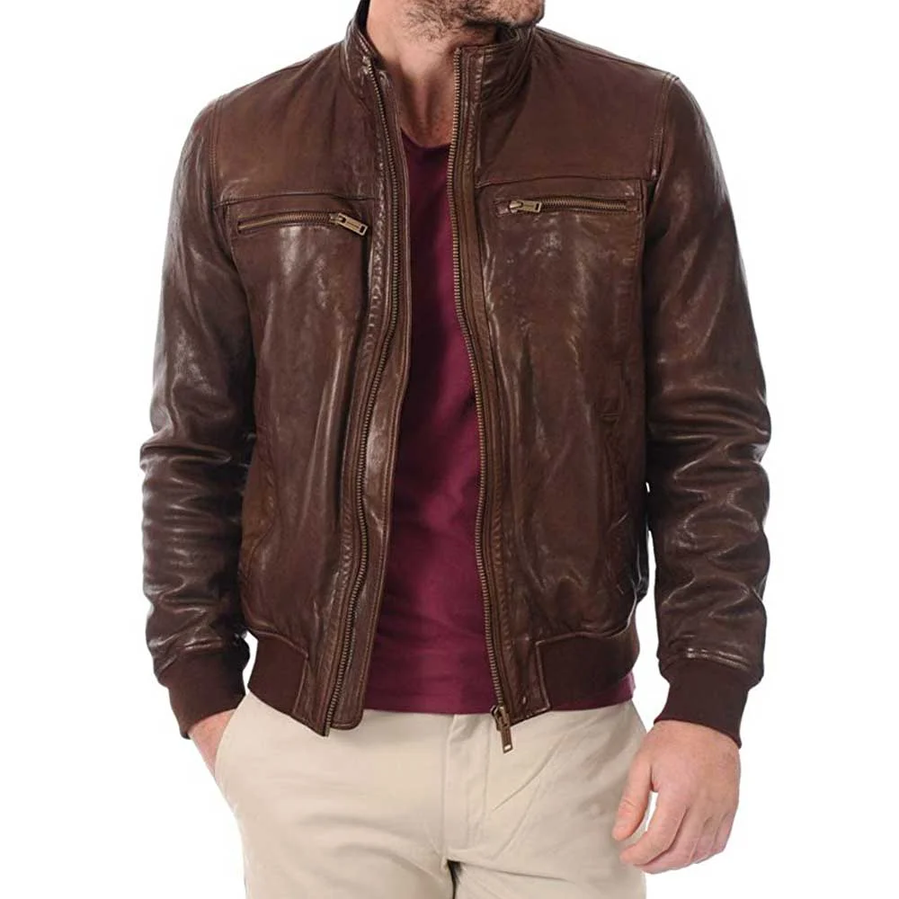 John Hunter Men’s Brown Lambskin Leather Bomber Motorcycle Jacket