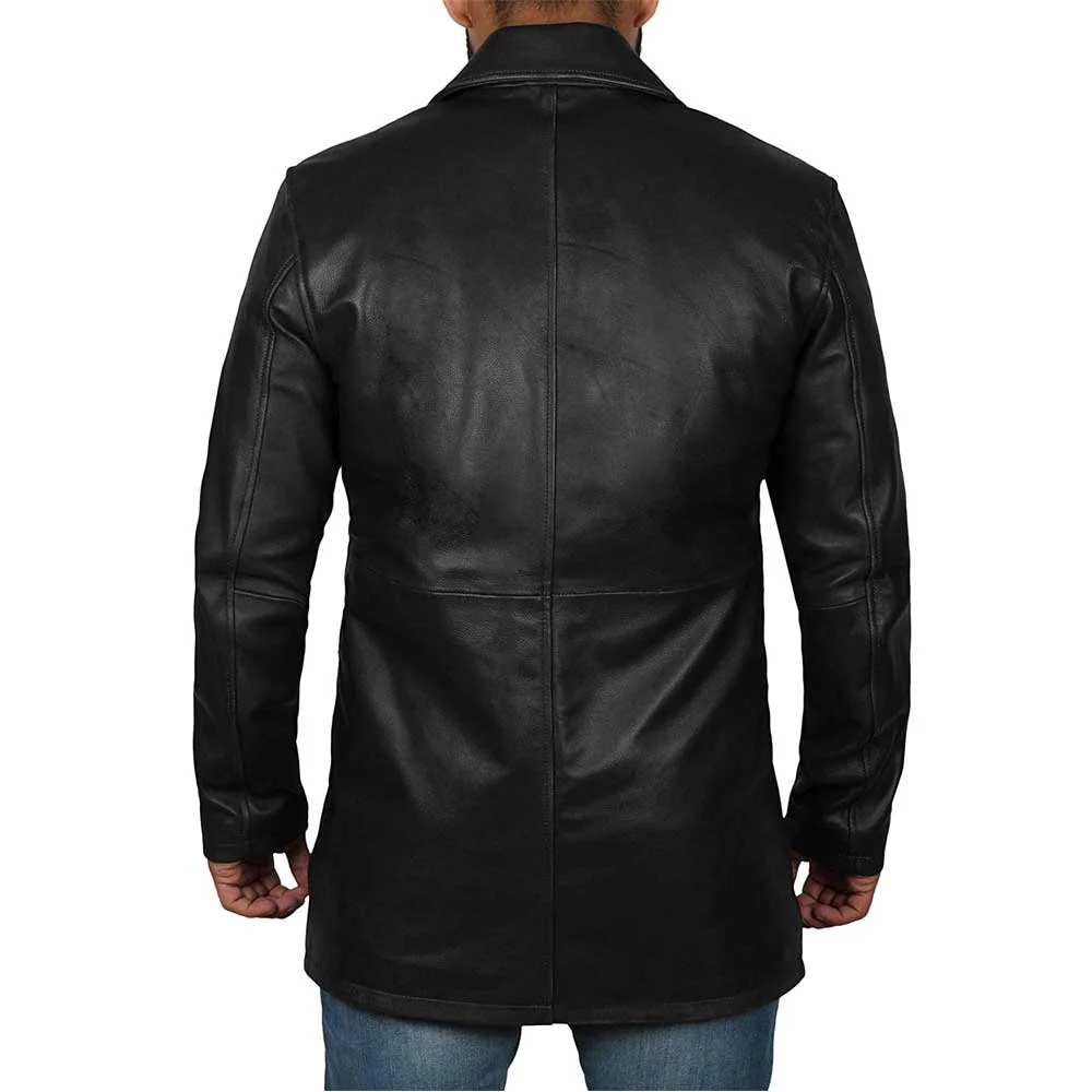 Men’s Black Leather Trench Coat – Retro Leather Jacket - Image 3