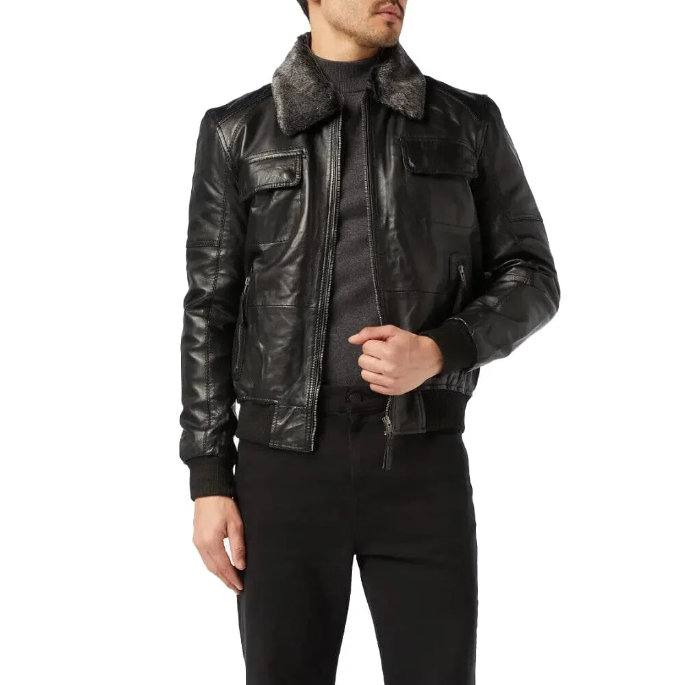 Men’s Black Leather Bomber Jacket with Fur Collar - Image 3