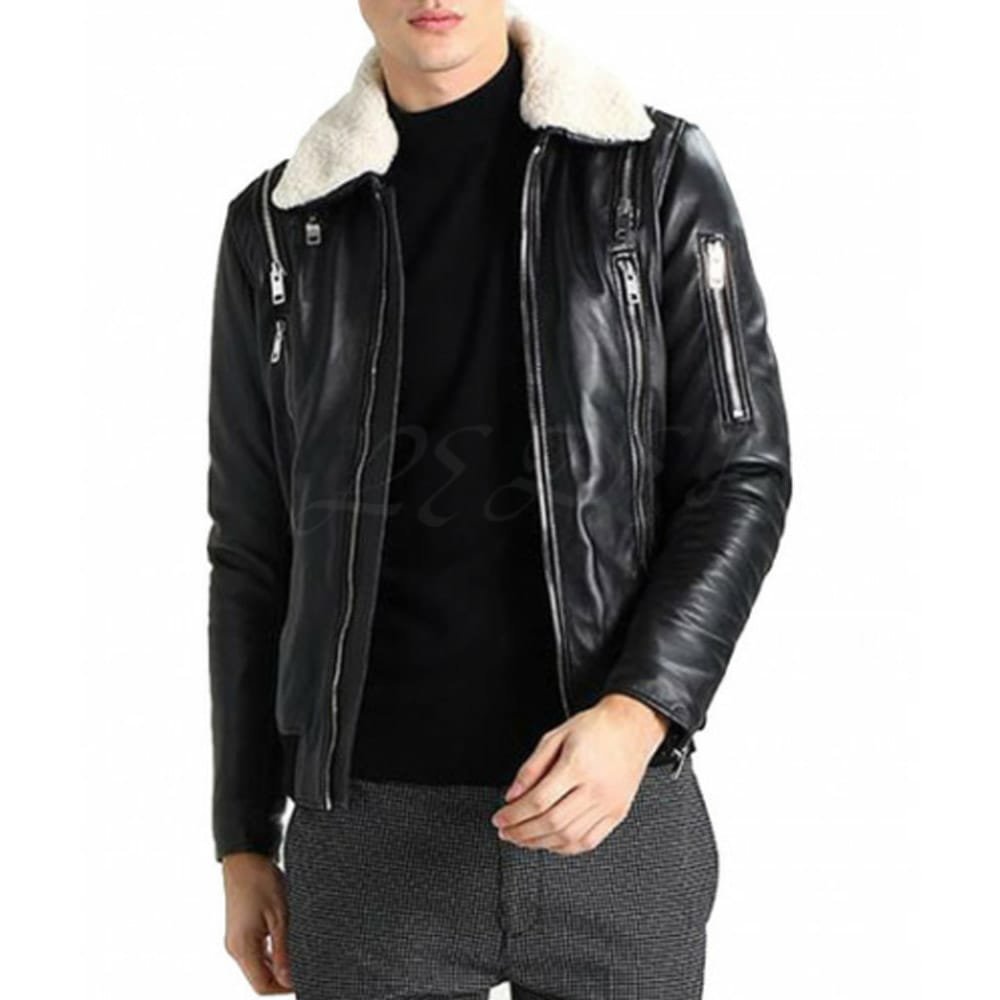 Black Leather Jacket with White Fur Collar/Gloria Leather - Image 3