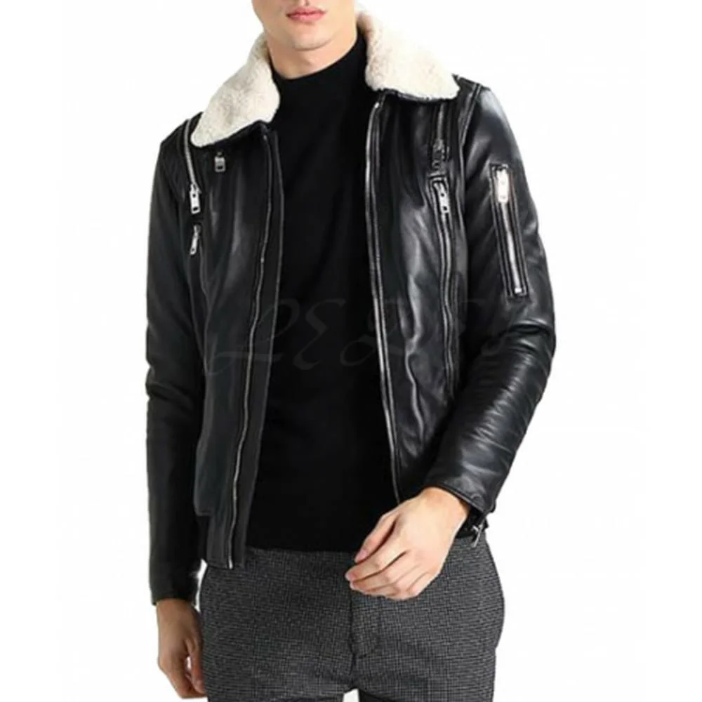 Black Leather Jacket with White Fur Collar - Image 4