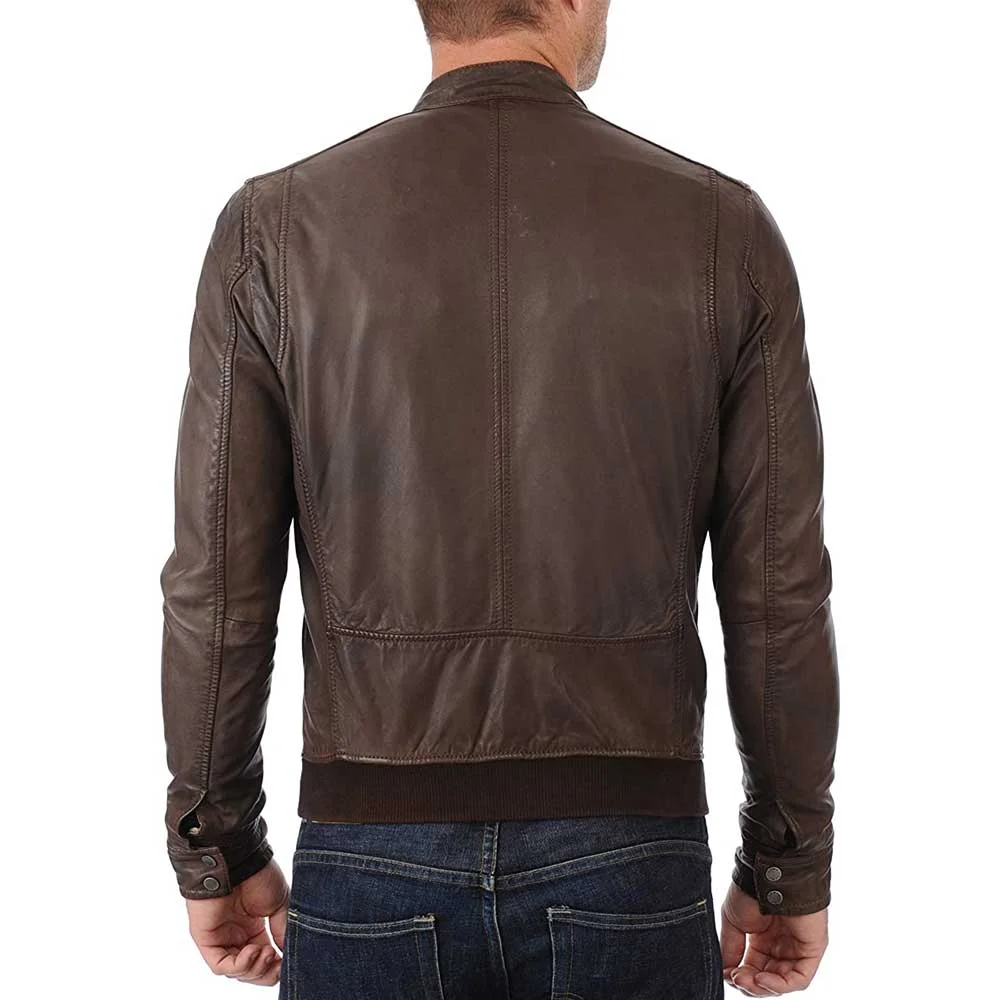 John Hunter Men’s Brown Lambskin Leather Bomber Motorcycle Jacket - Image 3