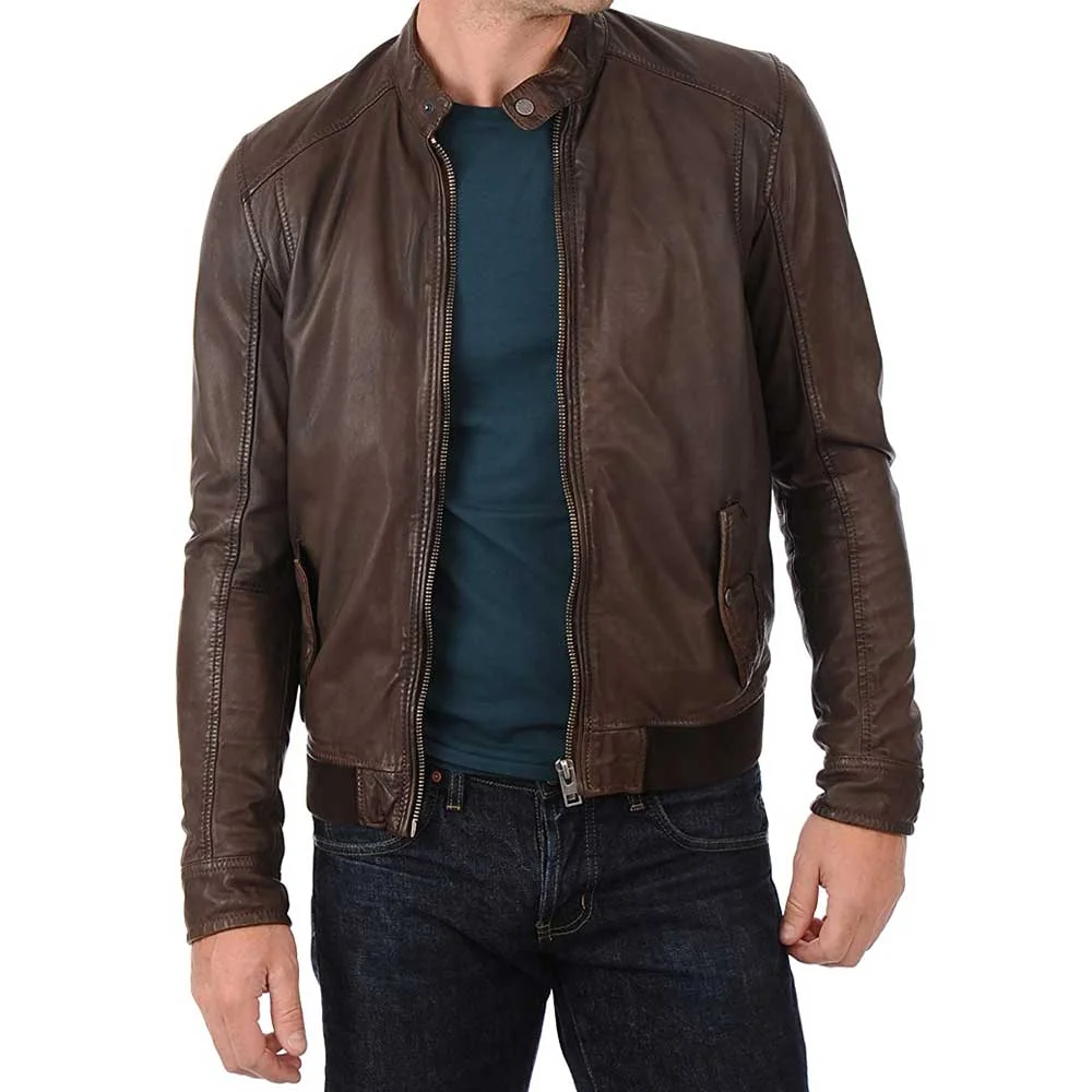 John Hunter Men’s Brown Lambskin Leather Bomber Motorcycle Jacket - Image 2