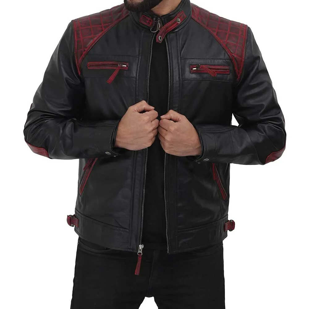 Rollins Black and Maroon Lambskin Leather Moto Biker Jacket Men - Image 2