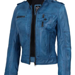 Tavares Womens Vivid Blue Biker Style Leather Jacket