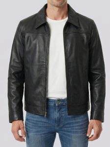 Men's Black Lambskin Leather Harrington Jacket with Shirt Collar