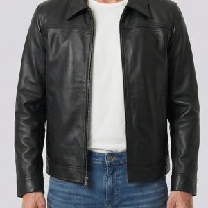Men's Black Lambskin Leather Harrington Jacket with Shirt Collar