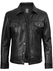 Men's Black Lambskin Leather Trucker Jacket