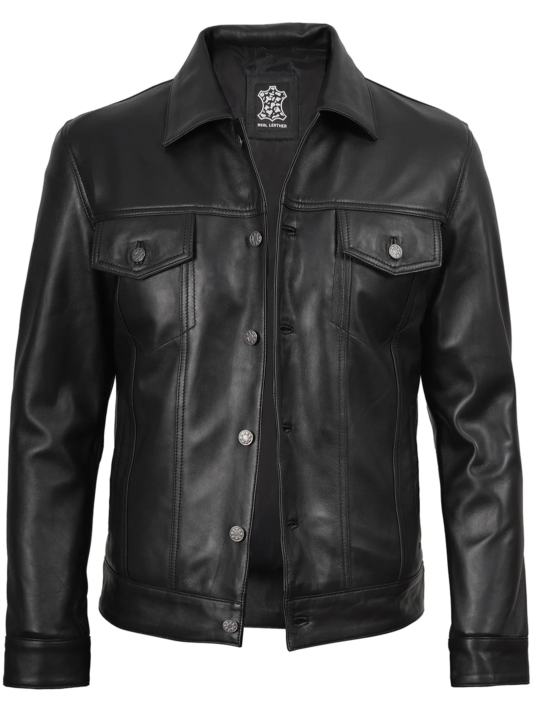 Men's Black Lambskin Leather Trucker Jacket