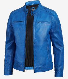 Men's Blue Lambskin Leather Cafe Racer Style Jacket